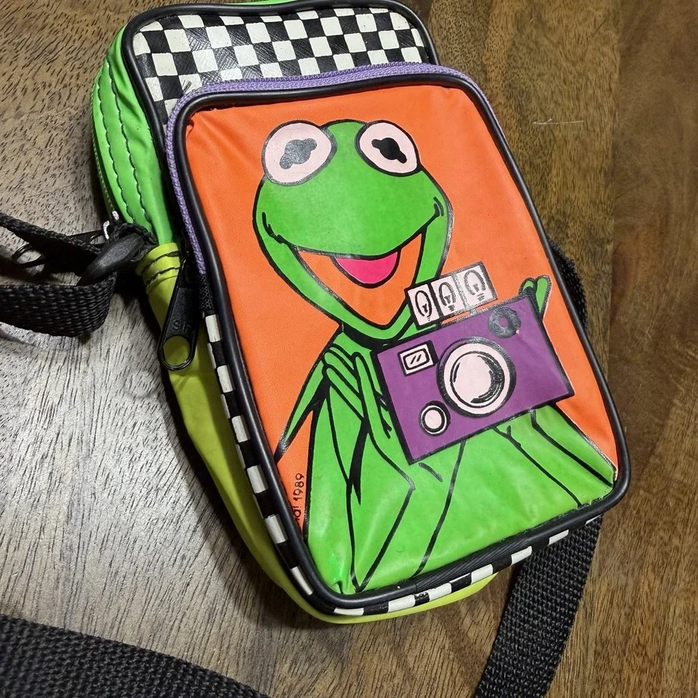 Vintage 80s Kermit The Frog Muppets Shoulder Small Bag Neon Phone Camera